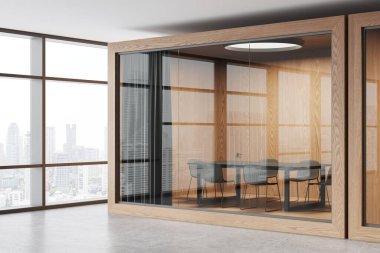 Corner view of glass conference room interior with chairs and board, curtain. Minimalist wooden meeting box in business loft with panoramic window on Singapore skyscrapers. 3D rendering