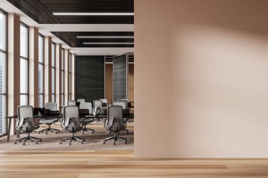 Modern business interior workspace with laptop on shared table, armchairs on carpet. Corporate meeting room behind sliding doors, panoramic window on skyscrapers. 3D rendering