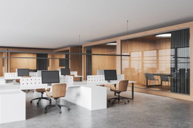 Corner view of office interior with coworking space, pc computers on shared desk with divider and armchairs in row. Minimalist glass wooden meeting boxes. 3D rendering