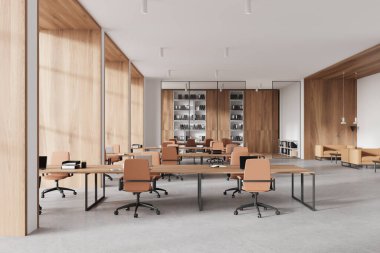 Stylish office interior coworking zone with laptop on shared desk, armchairs on light concrete floor. Conference room with shelf and documents. 3D rendering