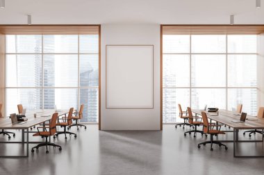 White coworking interior with armchairs, desk with laptops on light concrete floor. Panoramic window on Singapore skyscrapers. Mock up canvas poster. 3D rendering