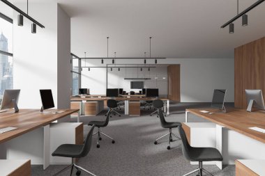 Eş zamanlı çalışma alanı olan modern ofis içi, bilgisayarları sıraya dizilmiş. Panoramik pencereli, panoramik pencereli Bangkok gökdelenli cam toplantı odası. 3B görüntüleme