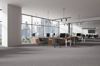Corner view of office interior with coworking zone, pc computers on table in row. Glass meeting room with board and tv screen, panoramic window on Bangkok skyscrapers. 3D rendering