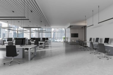 Eş zamanlı çalışma alanı olan modern ofis içi, bilgisayarları sıraya dizilmiş. Panoramik pencereli, panoramik pencereli Bangkok gökdelenli cam toplantı odası. 3B görüntüleme