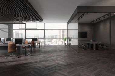 Dark corporate loft interior with coworking space, pc computers on desk and armchairs in row. Glass conference room with board and tv display, panoramic window on Kuala Lumpur. 3D rendering