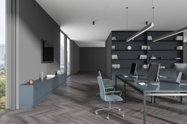 Dark business interior with pc computer on table, consulting workplace with sideboard and shelf, tv screen and panoramic window on Bangkok skyscrapers. 3D rendering