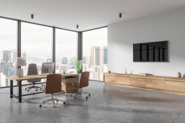 Modern ceo interior with pc computer on desk, side view consulting work corner with sideboard, tv screen and panoramic window on Kuala Lumpur skyscrapers. 3D rendering