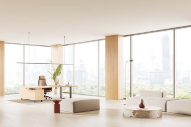 Corner view of cozy office room interior with sofa and coffee table, workspace with armchair and pc computer. Panoramic window on Bangkok skyscrapers. 3D rendering