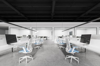 Office interior with coworking space, pc computers on shared desk with divider in row. Glass minimalist meeting boxes with table and chairs. 3D rendering