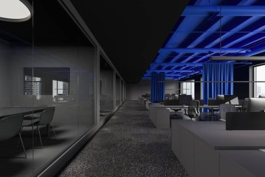 Dark business interior with coworking area with pc computers on shared desk, curtain partition. Glass minimalist conference boxes. Panoramic window on skyscrapers. 3D rendering