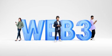 Diverse group of people standing near big web3 sign over white background. Concept of new generation of internet and innovative technology