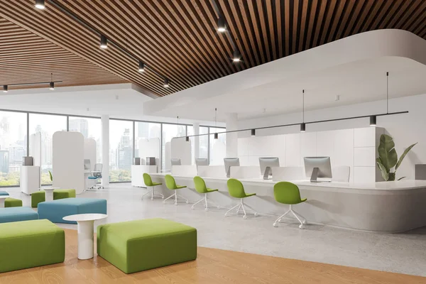 Colorful office bank interior with relax corner and sofa, side view workspace with pc computers and chairs, panoramic window. Modern business room and waiting space. 3D rendering