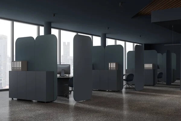 Corner view of office interior with seats and pc desktop, side view sideboard on grey granite floor. Office business work corner and panoramic window on skyscrapers. 3D rendering