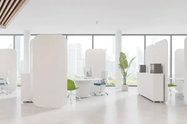 White stylish office interior with seats and pc desktop, sideboard on light concrete floor. Office business workplace and panoramic window on Bangkok skyscrapers. 3D rendering