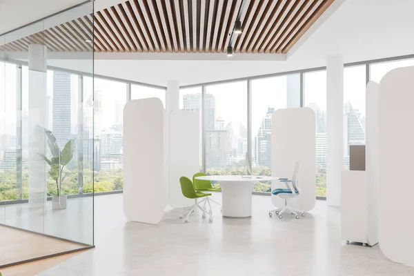 Corner view of office room interior with consulting space with pc computer, columns and drawer with decoration. Bank client service zone with panoramic window on Bangkok skyscrapers. 3D rendering