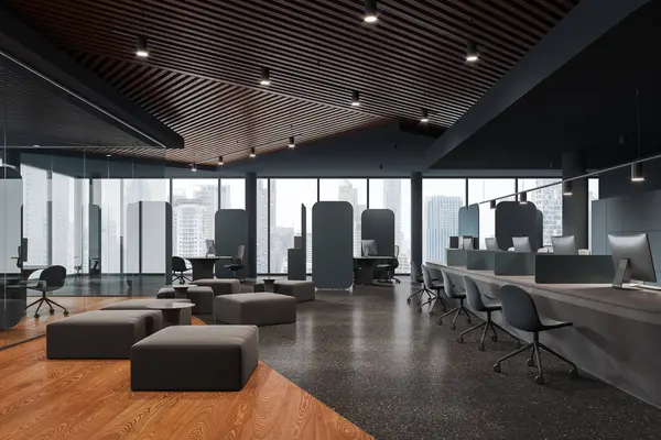Modern dark office bank interior with glass room and waiting space, workplace with pc desktop and chairs in row, panoramic window on Bangkok skyscrapers. 3D rendering
