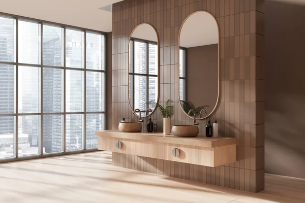 Luxury Beige Tile Hotel Bathroom Interior Double Sink Side View — Stock Photo, Image