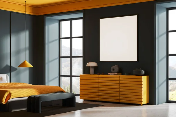 Green and yellow home bedroom interior bed with decoration, sideboard with decoration, bench on carpet. Relax corner and panoramic window on countryside. Mock up square canvas poster. 3D rendering