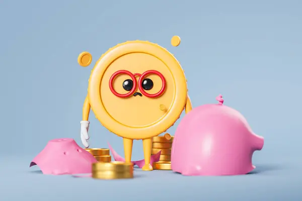 Sad Cartoon Coin Broken Piggy Bank Stacks Light Background Concept — Stock Photo, Image