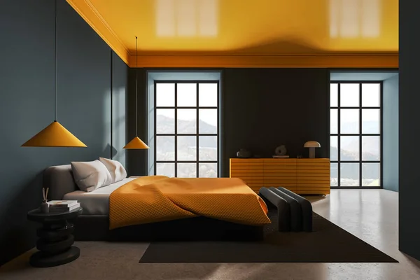 Dark yellow and green hotel bedroom interior with bed and bench on carpet, sideboard with decoration. Relax room with panoramic window on countryside. 3D rendering