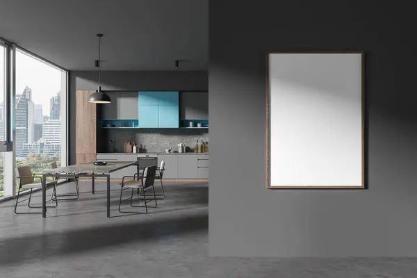 Dark home kitchen interior with dining table and chairs, grey concrete floor. Stylish cooking area with cabinet, panoramic window on Bangkok. Mock up copy space canvas poster. 3D rendering