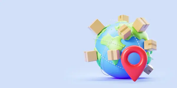 Cartoon earth globe with cartoon parcels and red geo tag, tracking or shipping on copy space empty background. Concept of worldwide delivery, company service and logistics. 3D rendering illustration