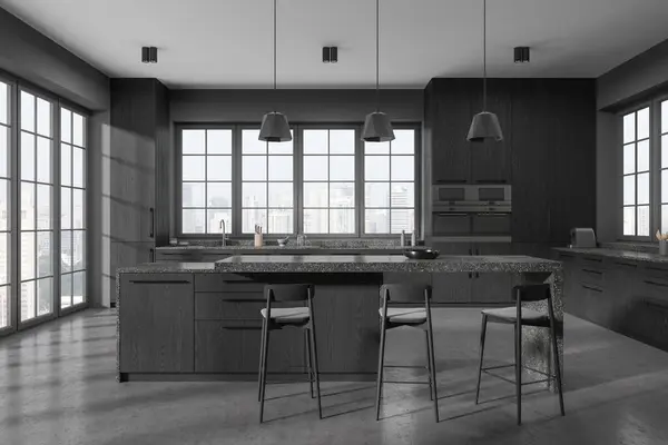 Dark Home Kitchen Interior Bar Island Grey Concrete Floor Stylish — Fotografia de Stock