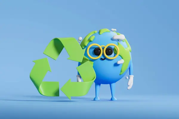 Smiling cartoon earth character with a large green recycle symbol, blue background. Concept of ecological problems and planet protection. 3D rendering illustration