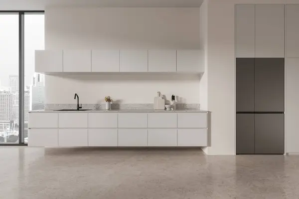 White Modern Home Kitchen Interior Cooking Cabinet Fridge Minimalist Kitchenware — Photo