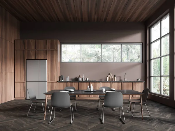 Modern Hotel Kitchen Interior Dinner Table Chairs Hardwood Floor Cooking — Stock Photo, Image