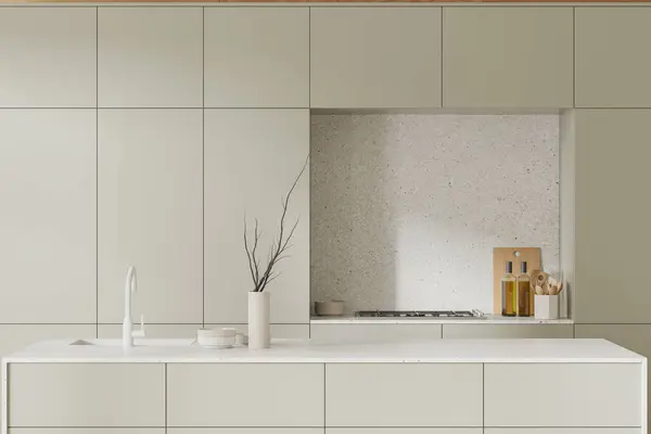 Stylish Home Kitchen Interior Bar Island Sink Stove Appliances Kitchenware — 图库照片