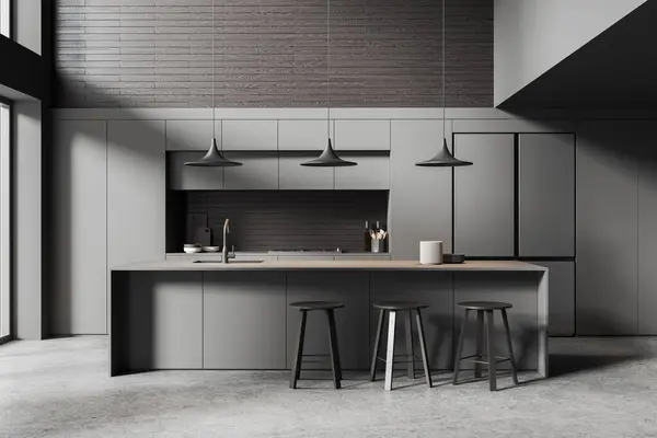 Dark Home Kitchen Interior Bar Island Stool Cabinet Refrigerator Kitchenware — Stockfoto