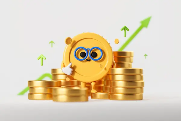 Cartoon character coin with thumb up, rising green arrows with stacks on light background. Concept of income, financial strategy and investment. 3D rendering illustration