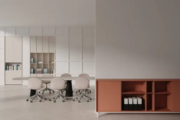 Modern Meeting Room Interior Board Chairs Light Concrete Floor Minimalist —  Fotos de Stock