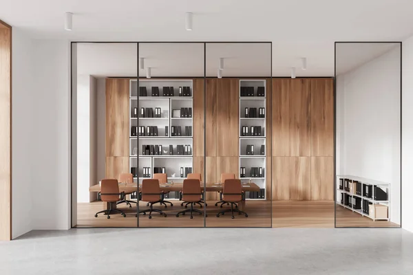 Glass white and wooden office interior with meeting table, armchairs on hardwood floor. Conference zone with sideboard, shelf with business folders. 3D rendering