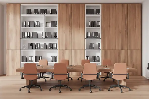White and wooden office interior with meeting table, armchairs on hardwood floor. Conference zone with board, shelf with business folders. 3D rendering
