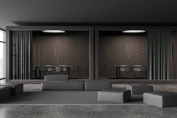 Dark Office Interior Relaxing Glass Meeting Boxes Row Modular Sofa — Fotografia de Stock