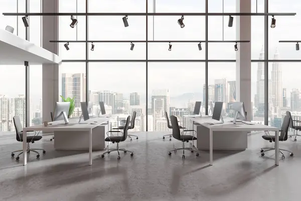 White Office Interior Computers Shared Desk Armchairs Two Storey Coworking — Fotografia de Stock
