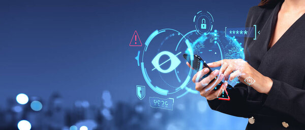 Unrecognizable young woman using smartphone in blurry city with sensitive content warning. Concept of explicit content and internet censorship