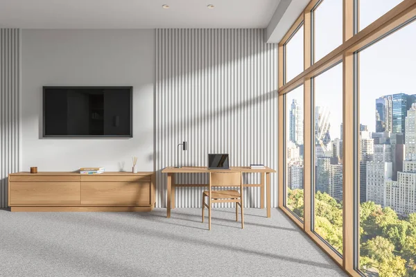 White home bedroom interior with work desk, tv display and console. Workspace with laptop and chair on carpet. Panoramic window on New York skyscrapers. 3D rendering