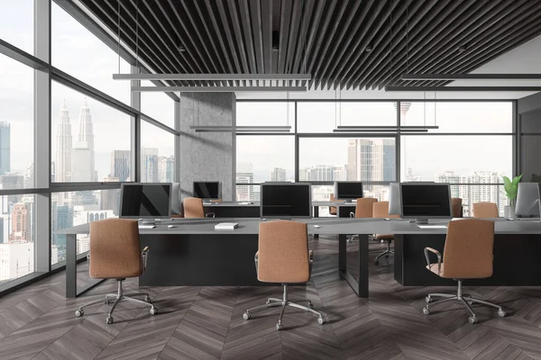 Modern Office Interior Computers Desk Row Hardwood Floor Minimalist Workplace —  Fotos de Stock