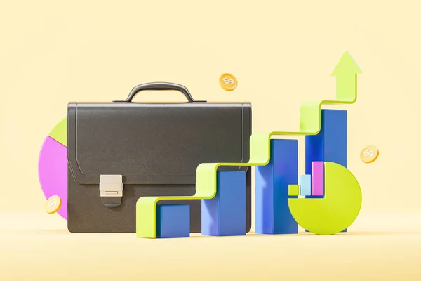Cartoon style briefcase surrounded by financial growth arrows and diagrams declarated of success in financial forecast analysis. Light yellow background 3d render, illustration