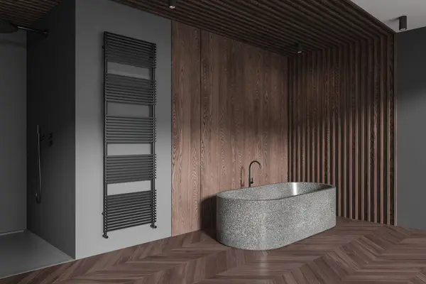 Dark Home Bathroom Interior Bathtub Hardwood Floor Side View Bathing — Stock Photo, Image