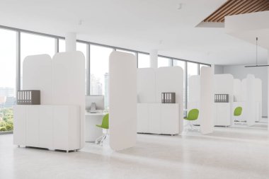 Corner view of office interior with seats and pc desktop, side view drawer on light concrete floor. Office business workspace and panoramic window on Bangkok skyscrapers. 3D rendering clipart