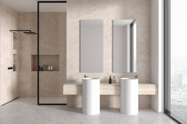 Modern banyo, beyaz ve taş duvarlar, beton zemin, iki dikey aynalı çift lavabo ve duşta yürümek. 3d oluşturma