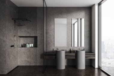 Modern banyo, beyaz ve koyu taş duvarlar, beton zemin, iki dikey aynalı gri lavabo ve duşta yürümek. 3d oluşturma