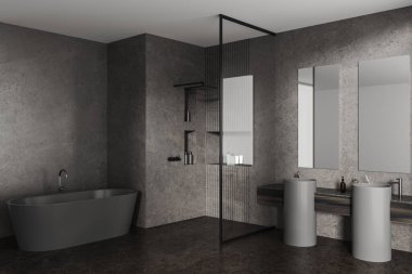 Karanlık banyo küveti, cam bölmeli duş, çift lavabo, aynalar ve aksesuarlar. Banyo köşesi modern mobilya tasarımı. 3B görüntüleme