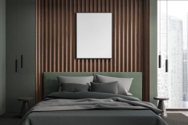 Yeşil ve ahşap ev yatak odası iç yatak odası ve komodin, gri yatak örtüsü. Singapur gökdelenlerinde panoramik pencereli bir uyku odası. Duvara çadır bezi posteri asın. 3B görüntüleme