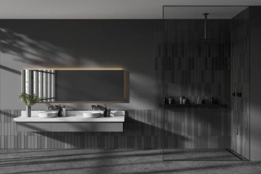 Karanlık otel banyosu çift lavabo ve cam duş, duvar süslemesi ve aksesuarlı raf. Modern dairede panoramik pencereli banyo alanı. 3B görüntüleme