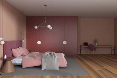 Otel odasının içinde yatak odası, iş yeri sandalye ve dizüstü bilgisayarı, ahşap döşeme halısı. Şık bir rahatlama ve çalışma alanı, masa, pembe ve kırmızı tasarım. 3B görüntüleme
